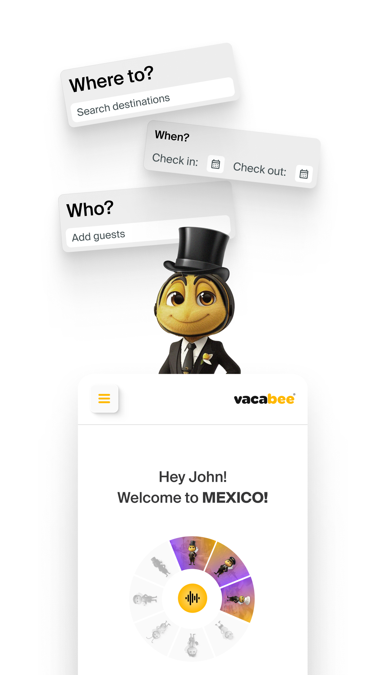Mr. Bee AI concierge — destination search and voice interface