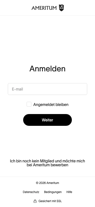 Login view of the Ameritum member area at app.ameritum.com on a smartphone