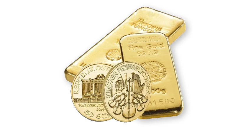 Physische Edelmetalle bei Auvesta: Goldbarren von Heraeus und Wiener-Philharmoniker-Münzen