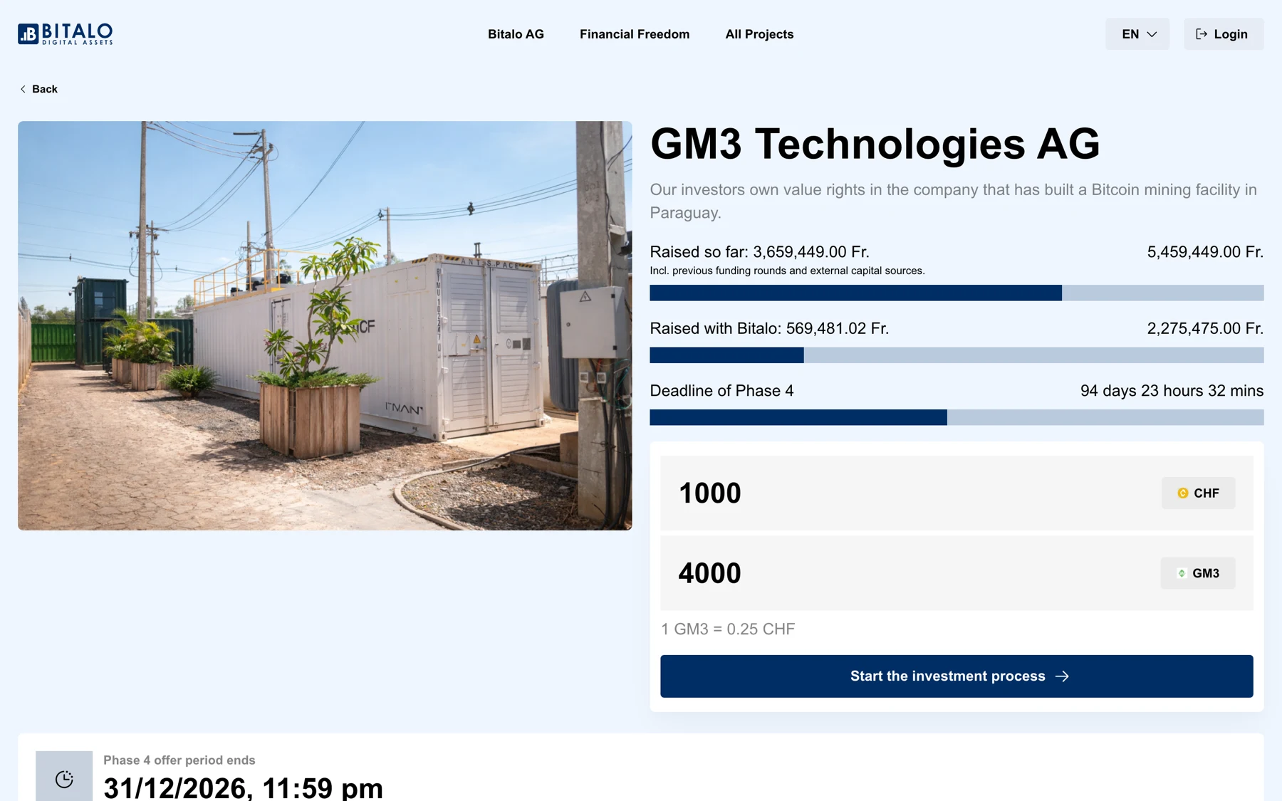 GM3 campaign page on Bitalo Market with funding progress and investment widget