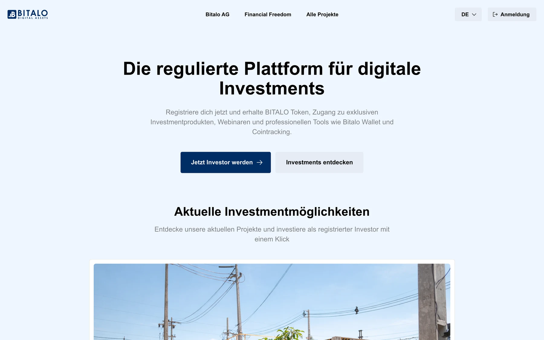 Bitalo Market home page with hero and current investment opportunities