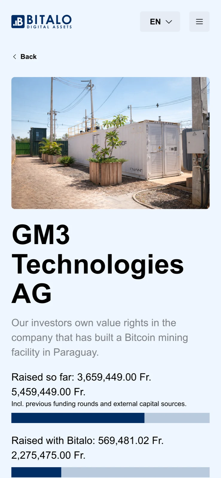 Mobile view of the GM3 campaign on Bitalo Market with project photo and funding bars