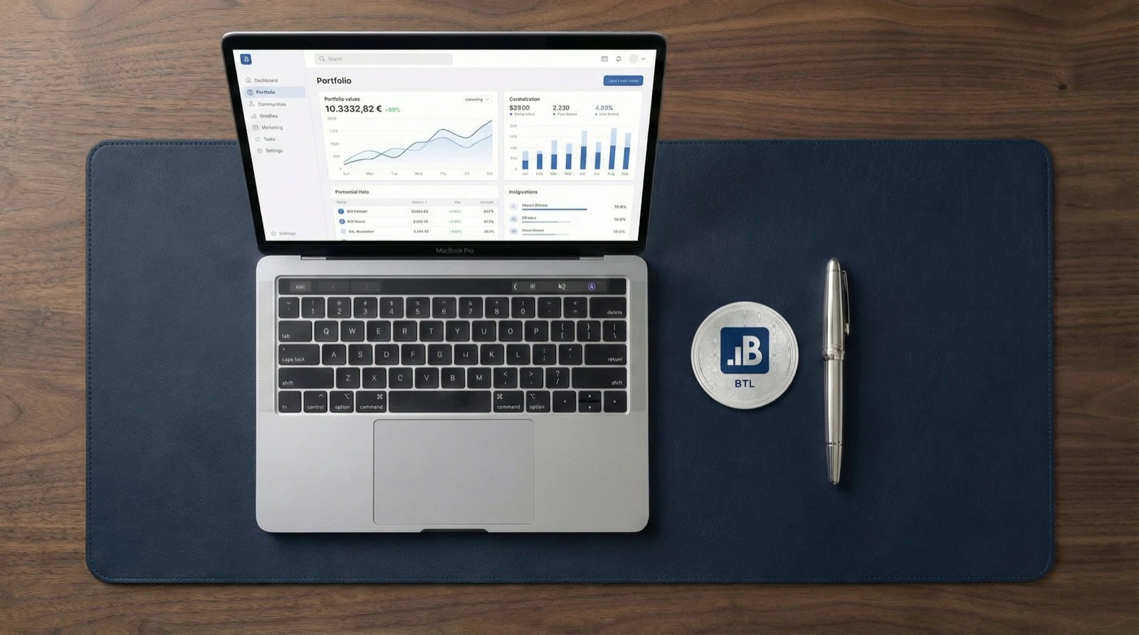 Bitalo portfolio dashboard on a MacBook, next to a BITALO token and pen on a blue desk mat