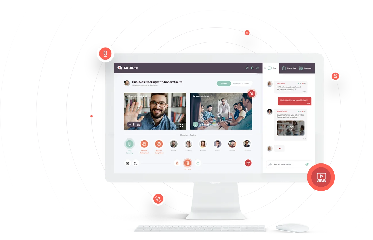 Callab.me-Meetingraum am Desktop: Videokacheln, Teilnehmerliste und Team-Chat