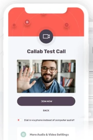 Callab.me Mobile App: Test-Call-Ansicht mit Audio- und Video-Einstellungen