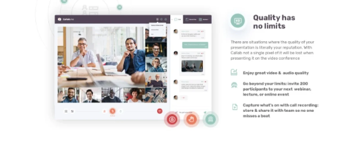 Callab.me-Meetingraum mit Videokacheln, Team-Chat und Aufnahmefunktion