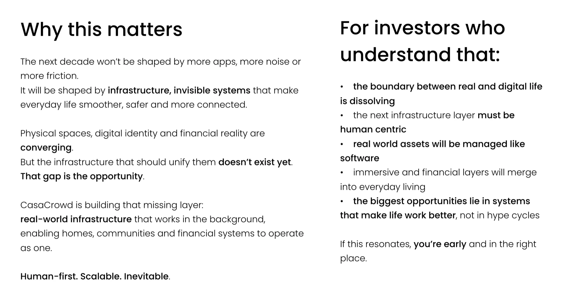 Sektionen „Why this matters“ und „For investors who understand that“ auf casacrowd.com