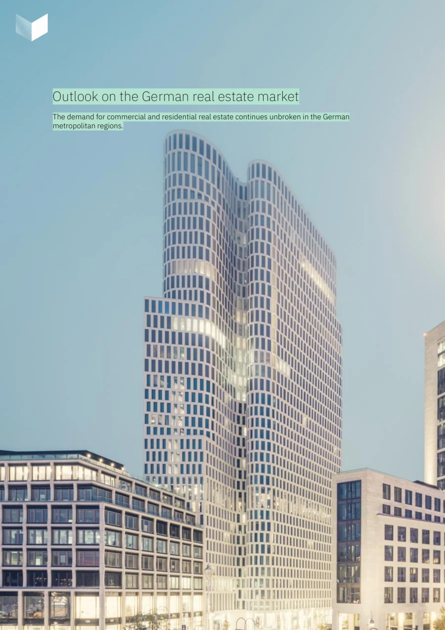 Page from the Fundament brochure with a high-rise photo: outlook on the German real estate market
