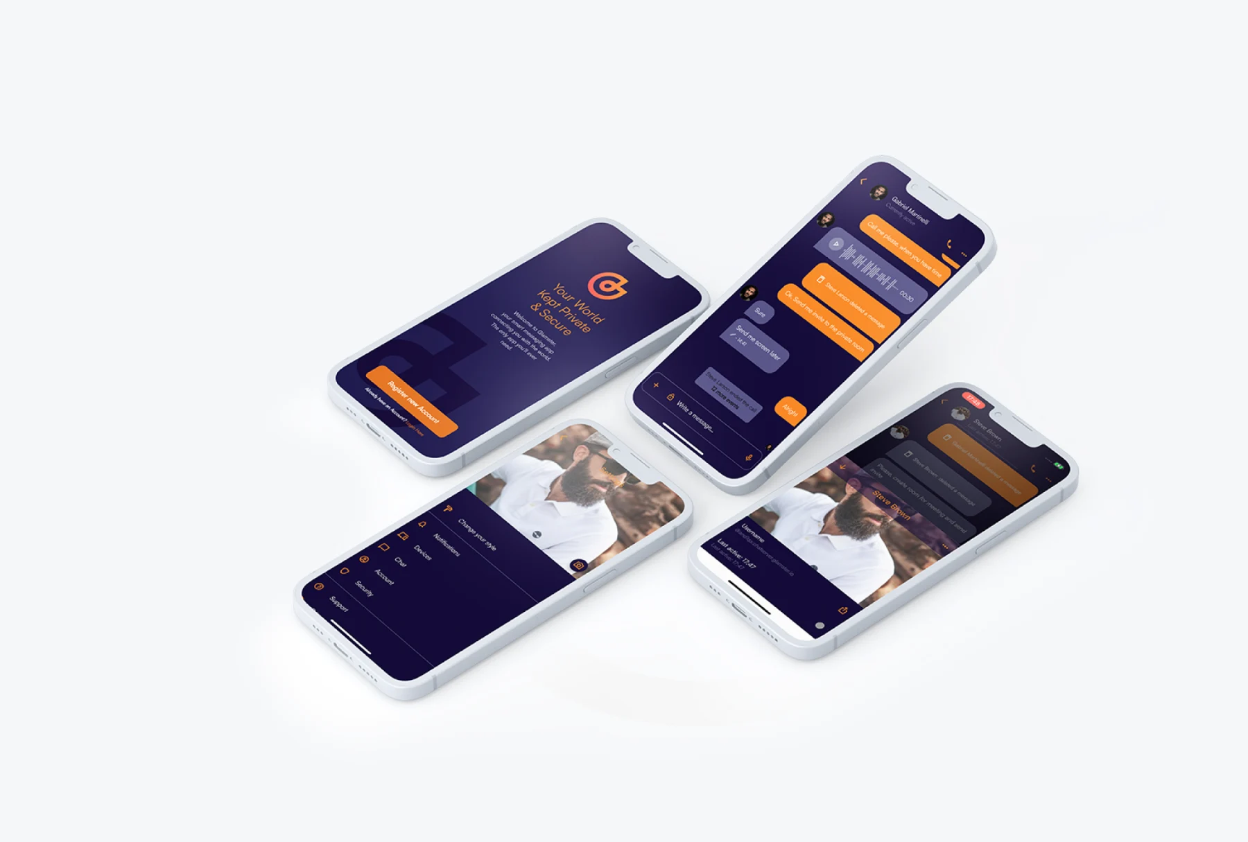 Vier Glamster-App-Screens auf iPhones in isometrischer Ansicht: Onboarding, verschlüsselter Chat, Einstellungen und Nutzerprofil