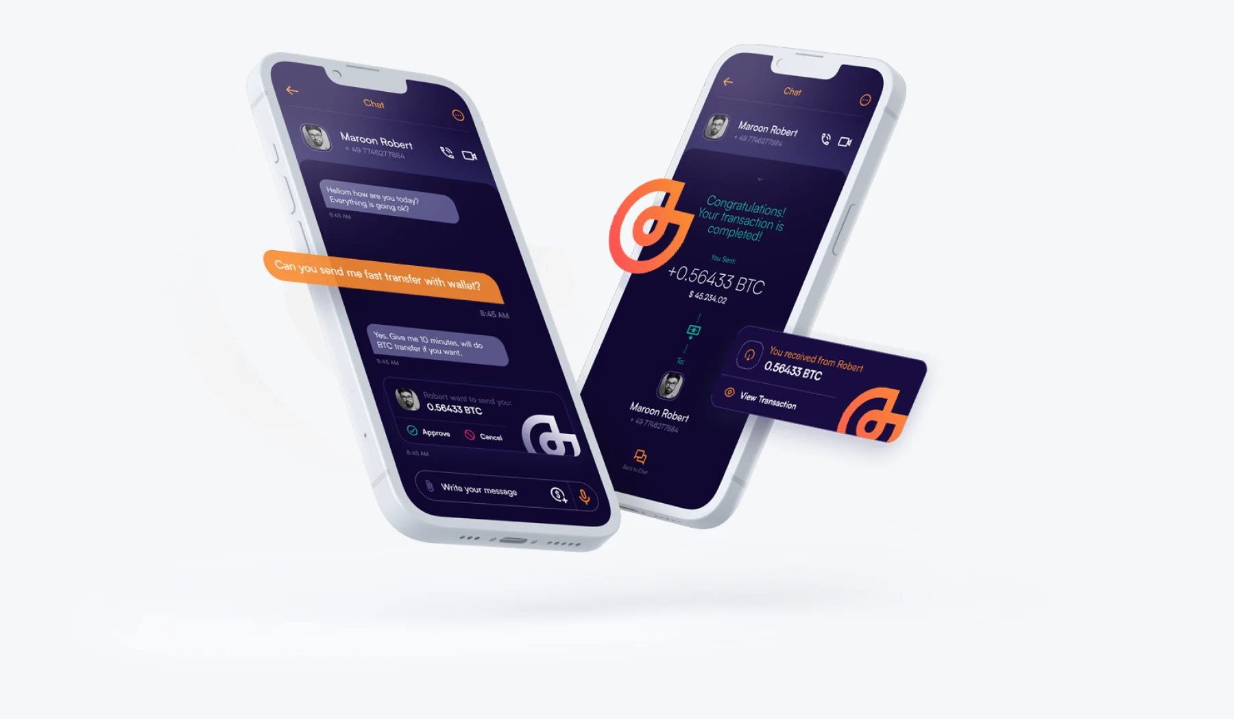 Glamster-Krypto-Flow auf zwei iPhones: BTC-Zahlungsanfrage im Chat mit Approve-Button und Bestätigungsbildschirm „Your transaction is completed“