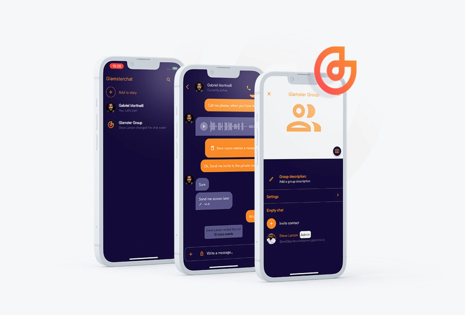 Drei Glamster-Screens: Chat-Übersicht mit Stories, verschlüsselter Einzelchat mit Sprachnachricht und Gruppenansicht „Glamster Group“