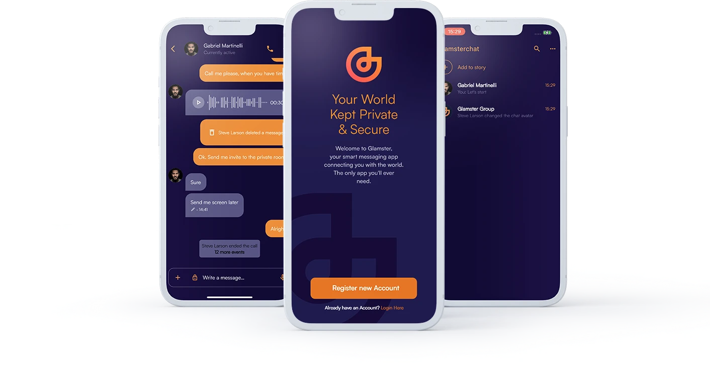 Drei Glamster-App-Screens auf iPhones: verschlüsselter Chat, Onboarding mit „Your World Kept Private & Secure“ und Chat-Übersicht mit Stories