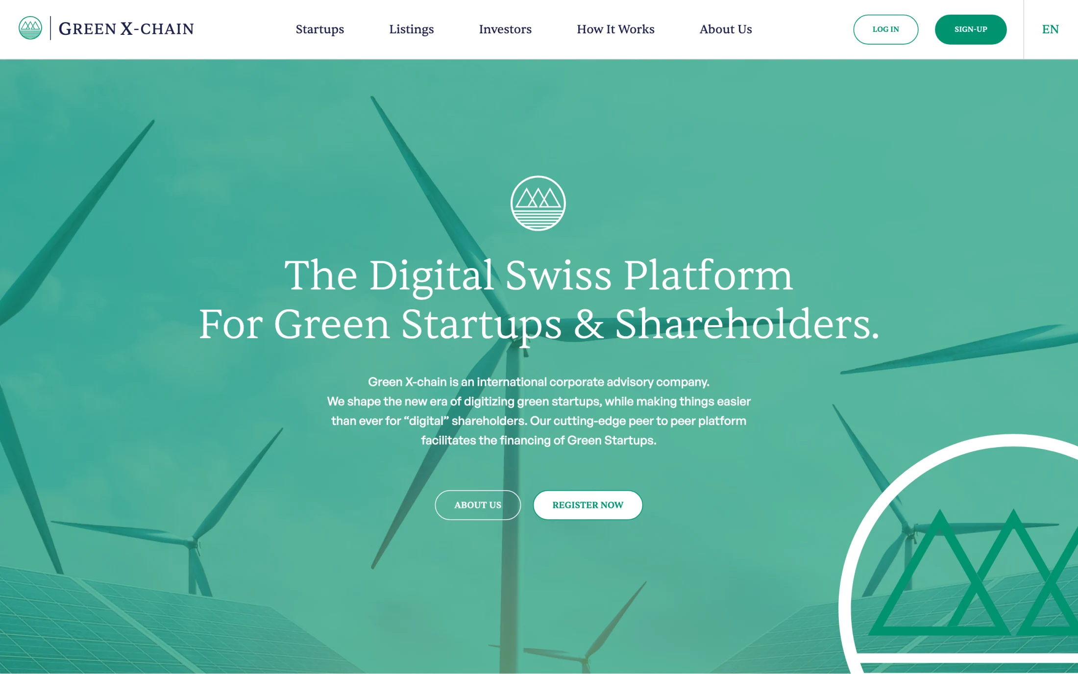 Live-Screenshot der Green-X-chain-Startseite: „The Digital Swiss Platform for Green Startups & Shareholders“ mit Log-in und Sign-up