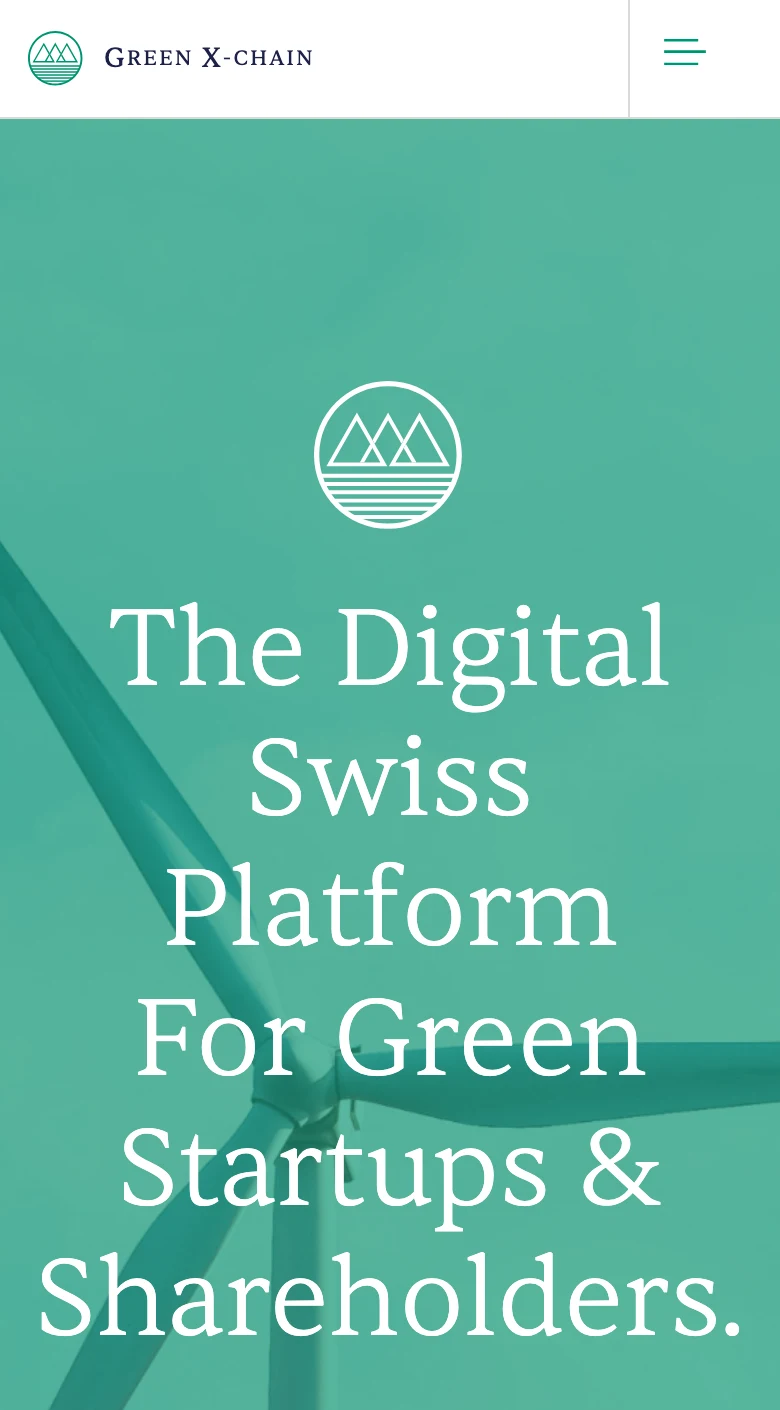Die Green-X-chain-Plattform heute auf dem Smartphone: Startseite von greenxchain.com mit dem Claim „The Digital Swiss Platform for Green Startups & Shareholders“