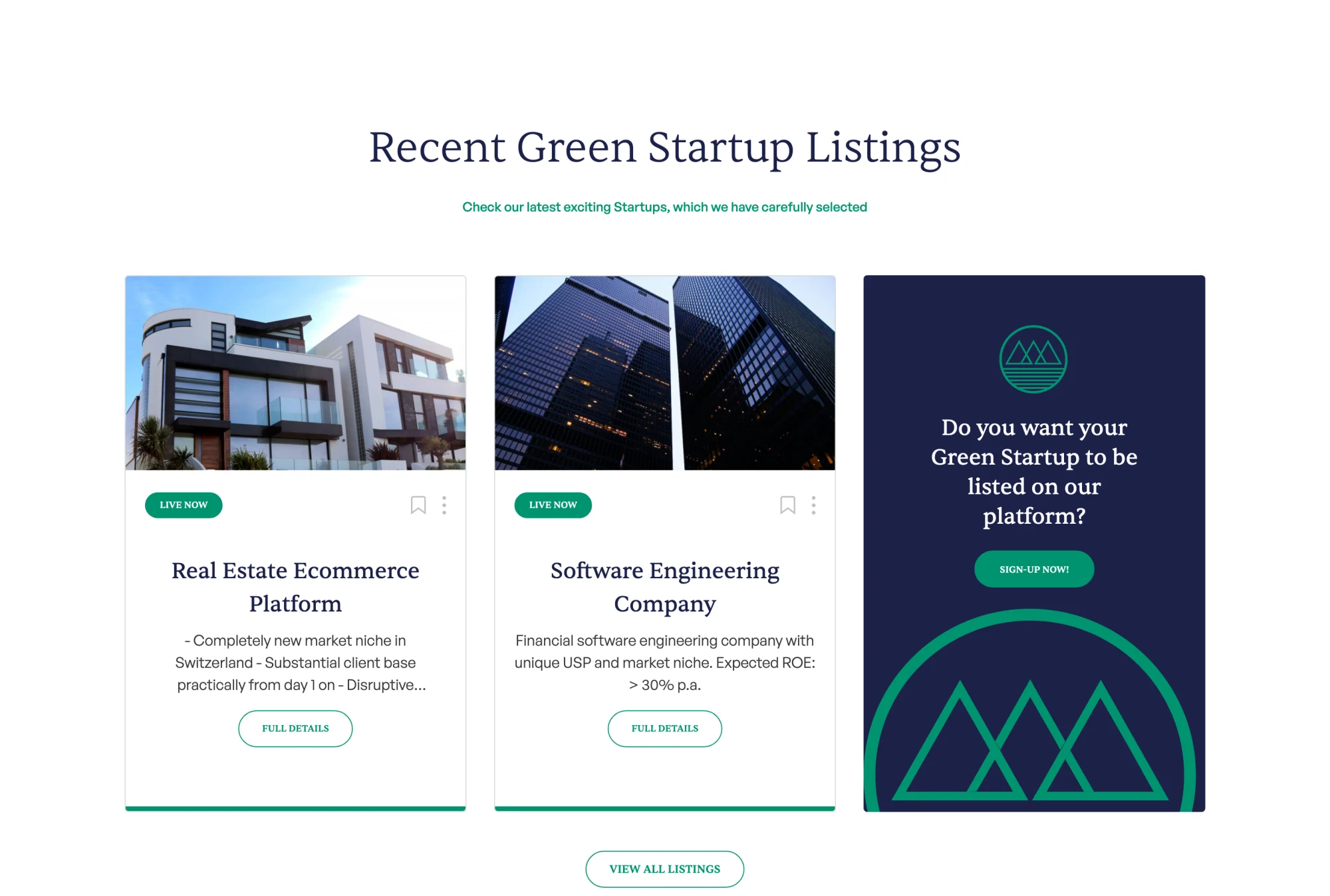 Green-X-chain-Startseite: zwei live geschaltete Startup-Listings mit Pitch-Text, Live-now-Badge und Full-Details-Button