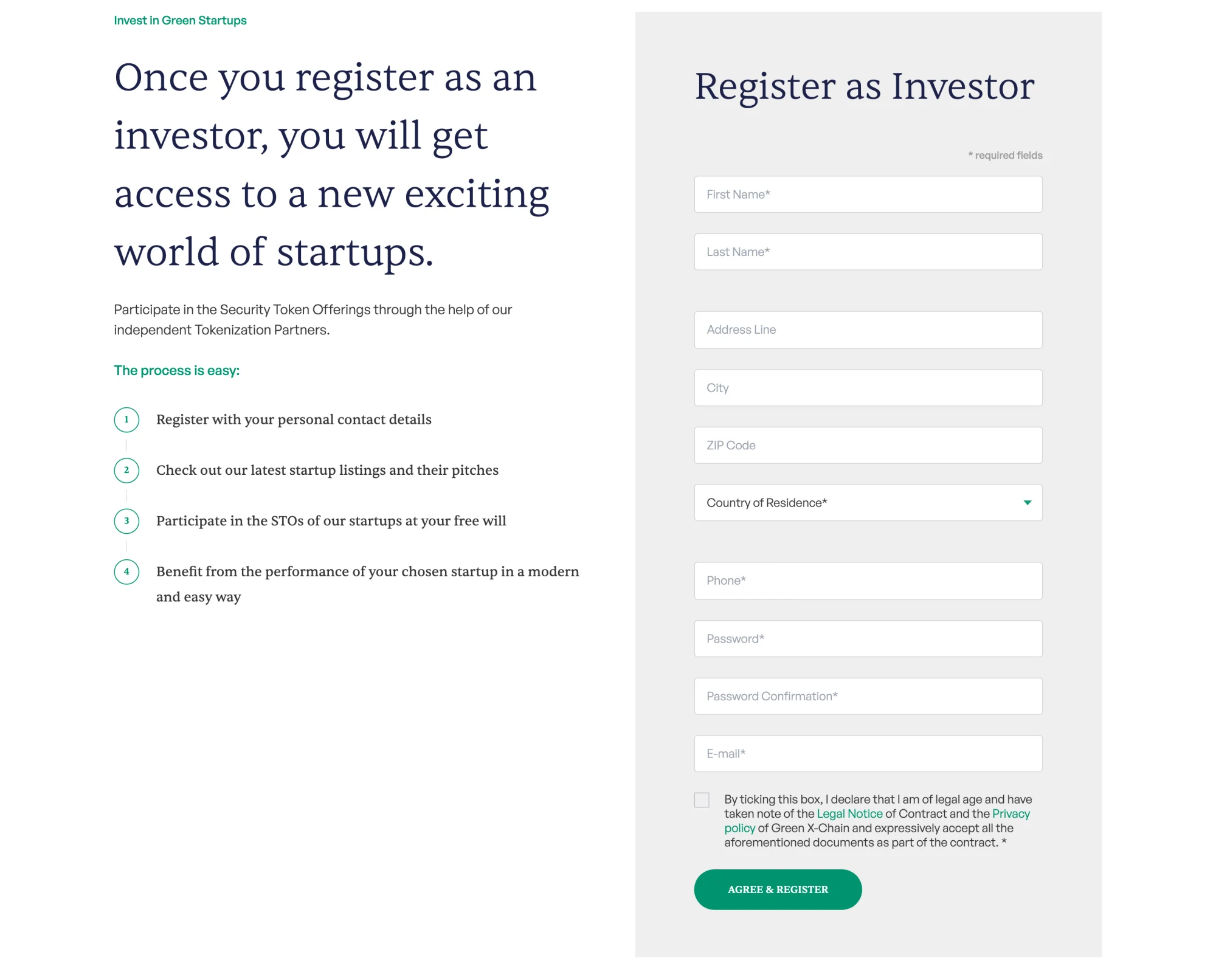 Investors-Seite auf greenxchain.com: Vier-Schritte-Prozess und Formular „Register as Investor“