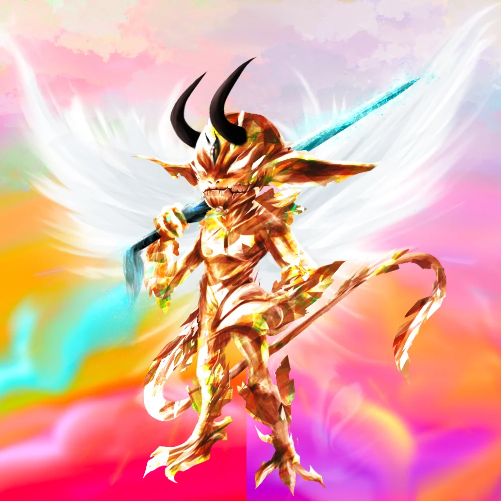 Golden imp with angel wings and a blade against a pastel sky – collection artwork