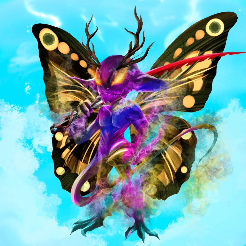Purple imp with butterfly wings against a blue sky – collection artwork