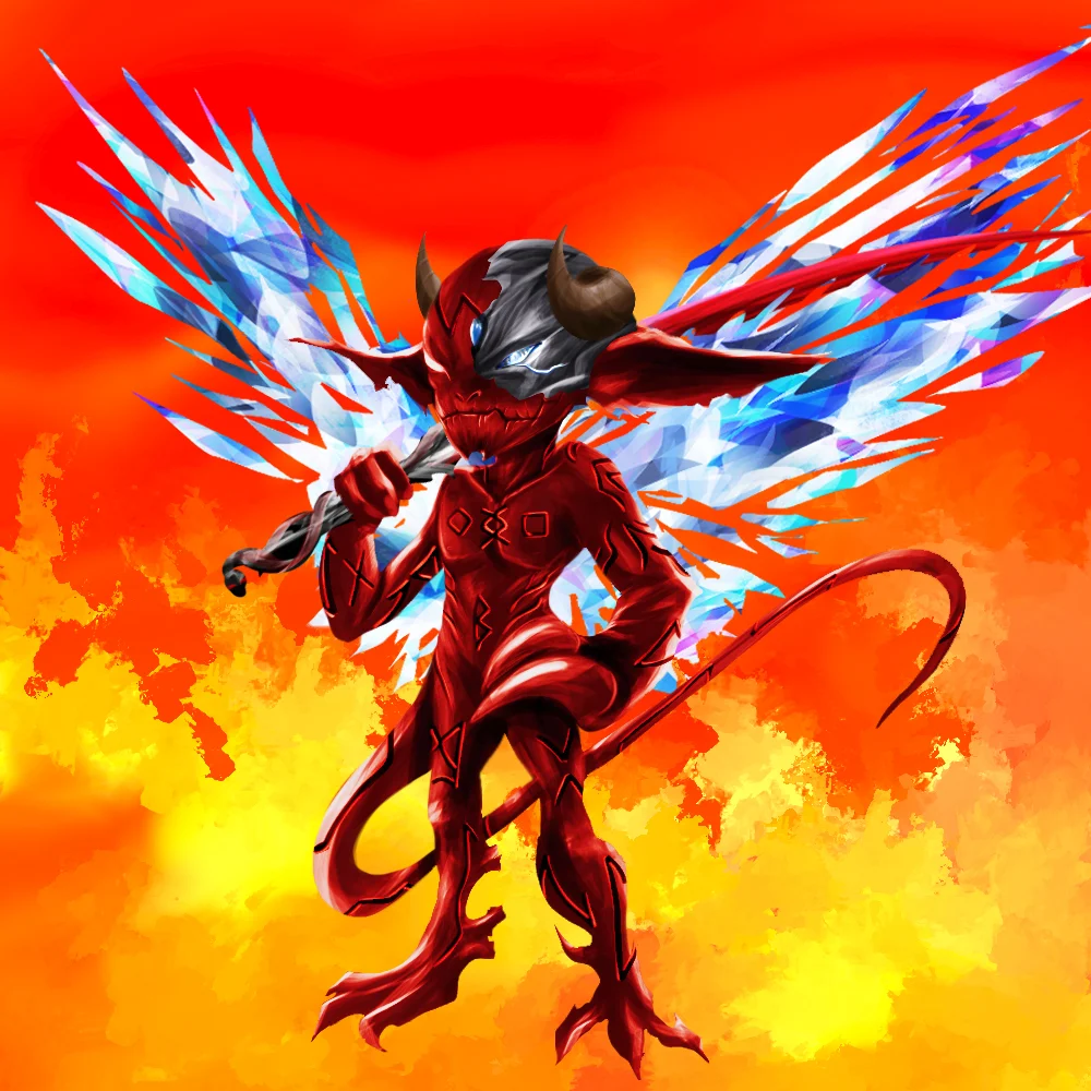 Red imp with crystal wings on a fiery background – collection artwork