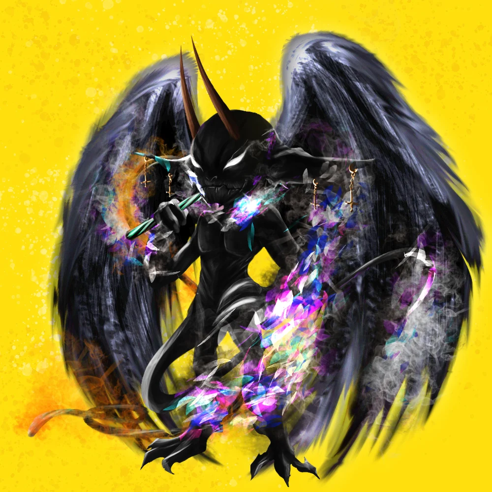 Black imp with feathered wings on a yellow background – collection artwork