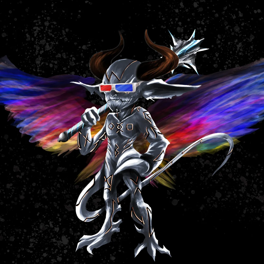 Silver imp with 3D glasses and rainbow wings on black – collection artwork