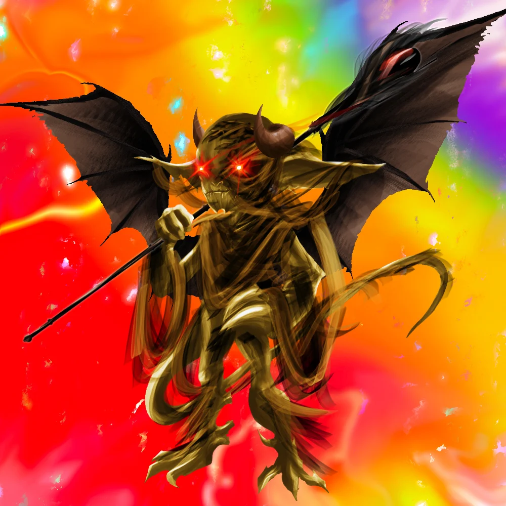 Golden-brown imp with bat wings on a rainbow background – collection artwork