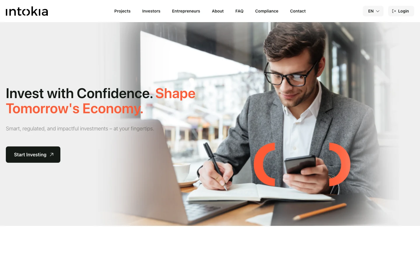 Investorenseite auf intokia.com: „Invest with Confidence. Shape Tomorrow's Economy.“
