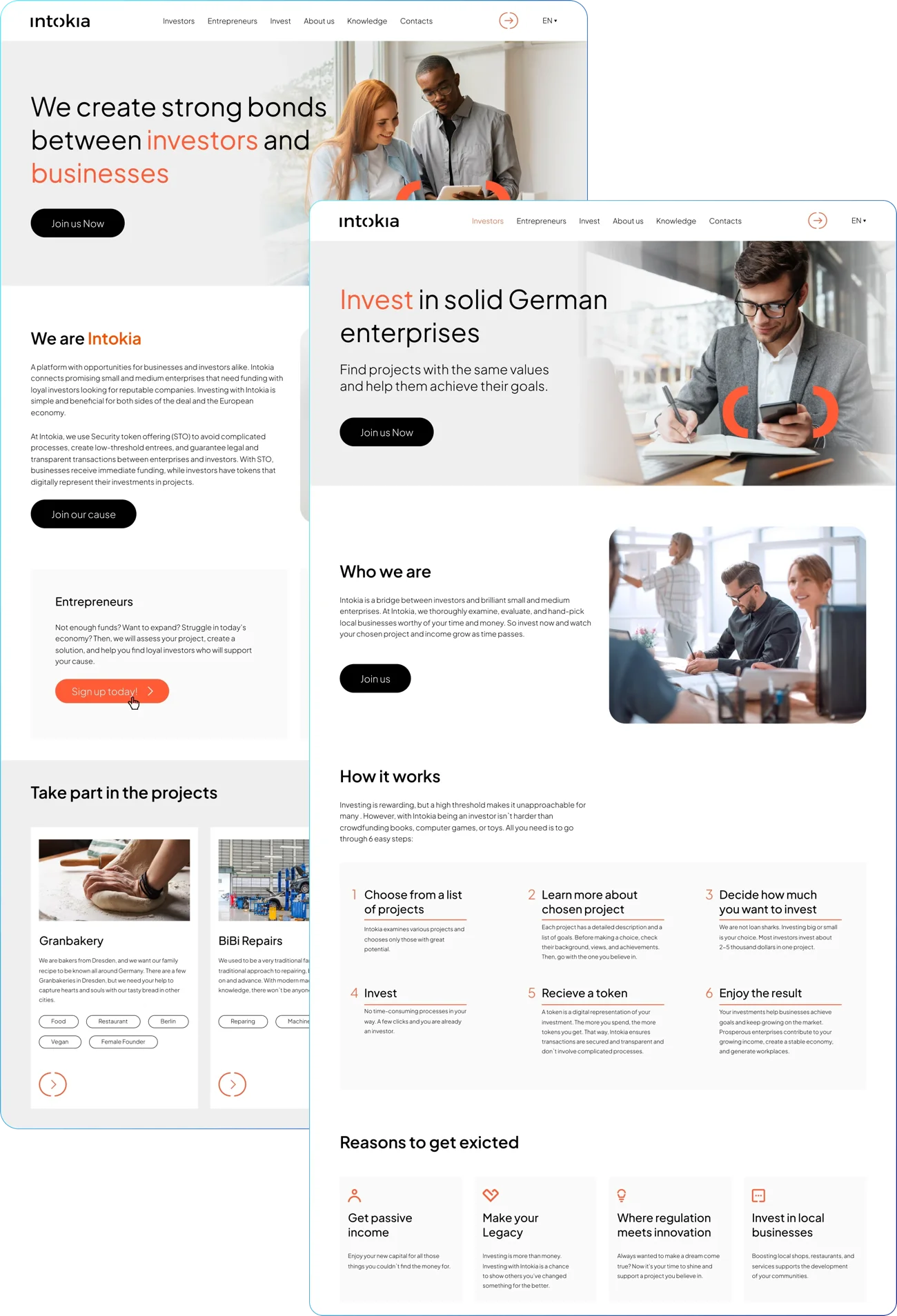 Zwei Screens der Intokia-Plattform zum Launch: Startseite und Investment-Bereich mit Projektübersicht