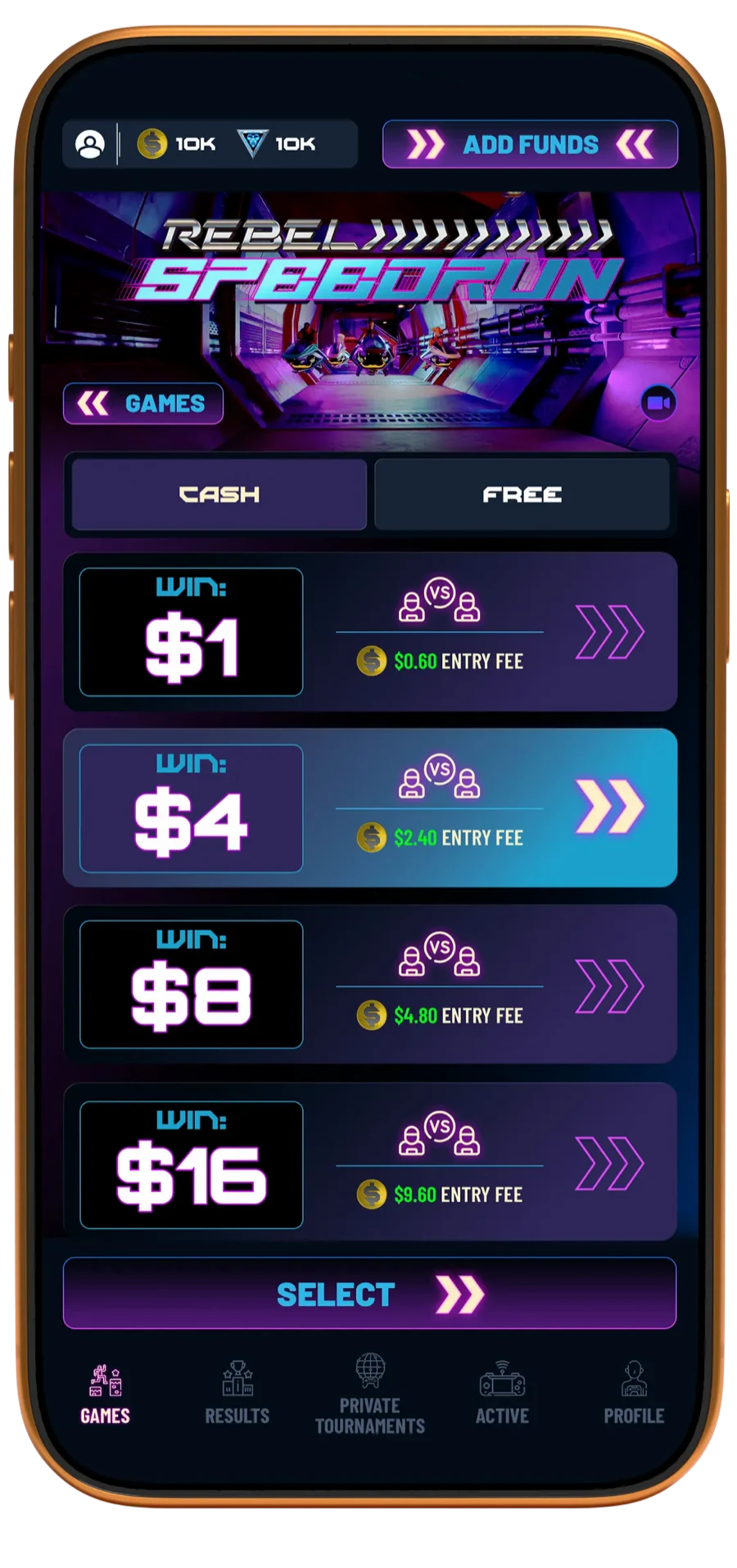 Cash duels in Rebel Speedrun: prize tiers from one to 16 dollars with their entry fees