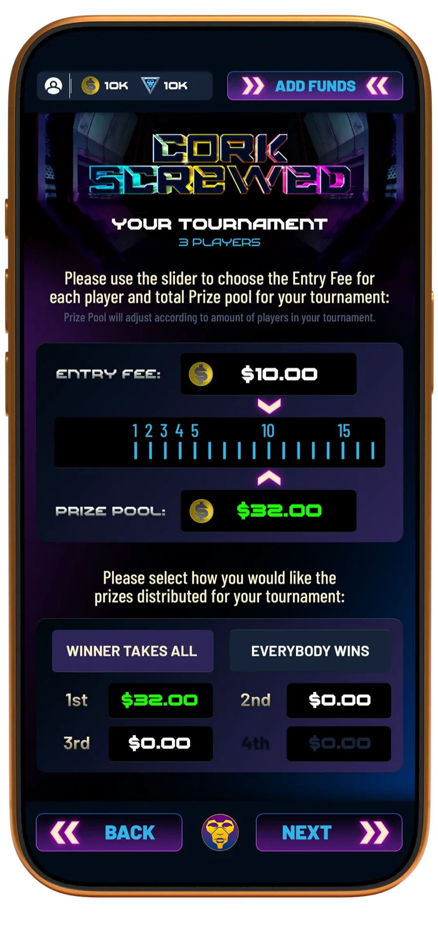 Entry fee and prize pool configuration in the MTgames app