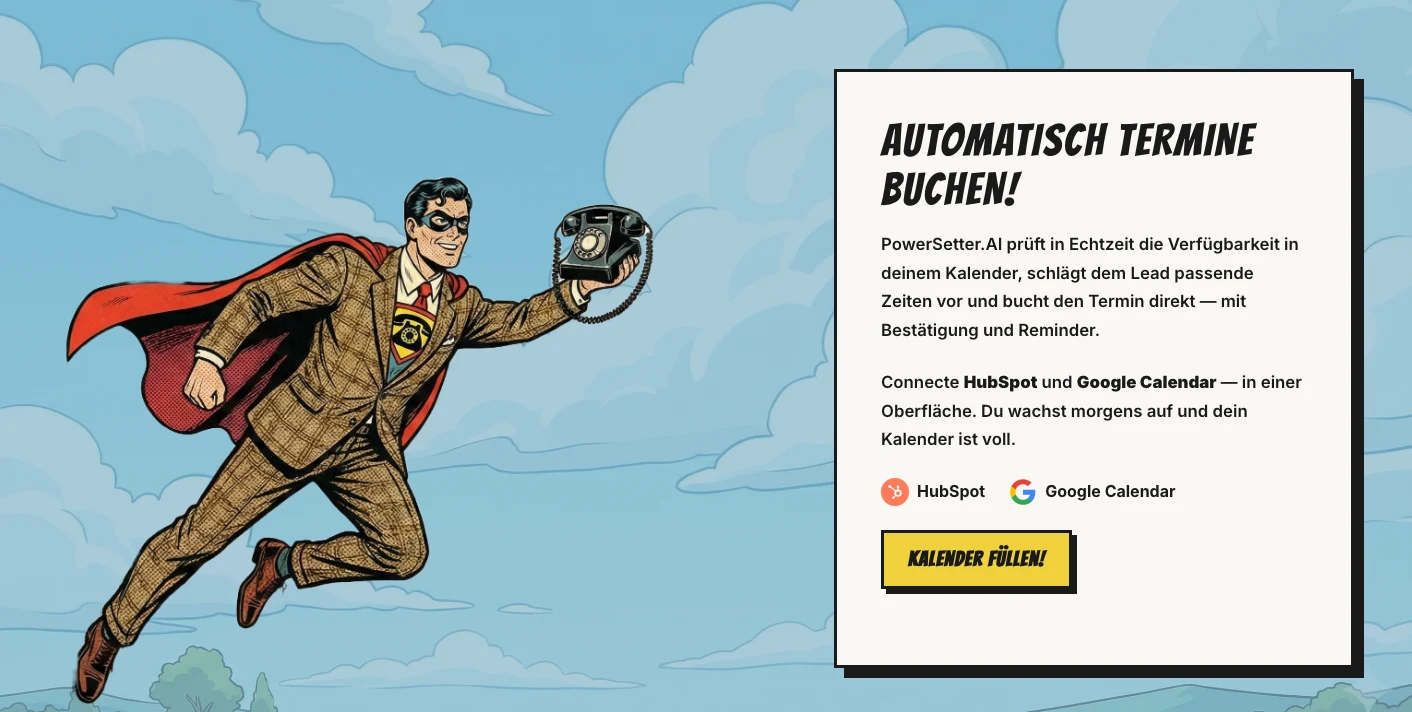powersetter.ai: Sektion „Automatisch Termine buchen“ mit HubSpot- und Google-Calendar-Integration