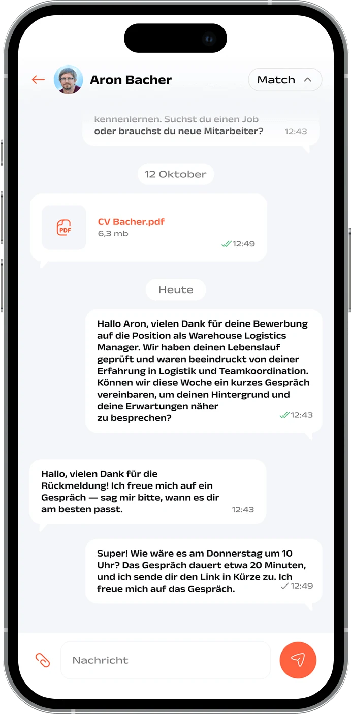 Bewerbungs-Chat in der SAY!-App: Unternehmen und Kandidat vereinbaren ein Gespräch