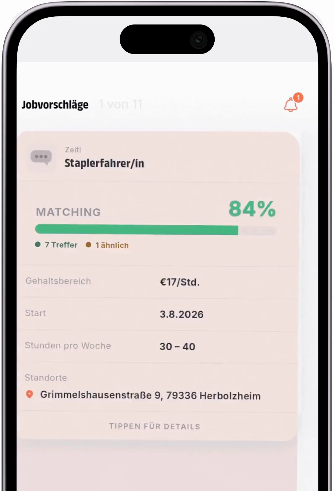 Jobvorschlag in der SAY!-App: Matching-Score von 84 Prozent für eine Staplerfahrer-Stelle