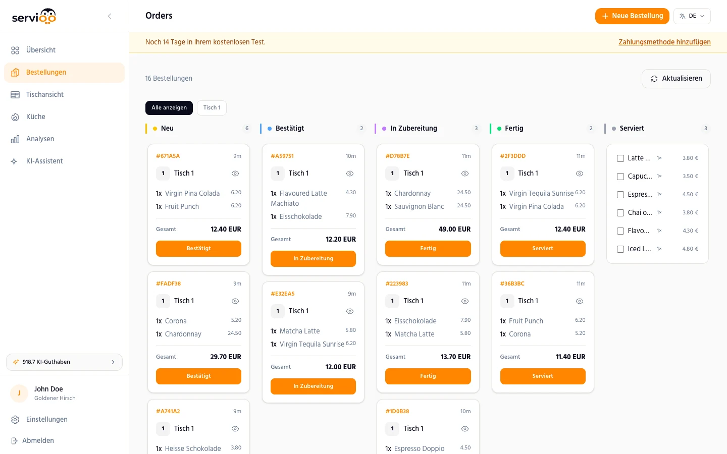 servioo order overview: order cards in status columns from new to served
