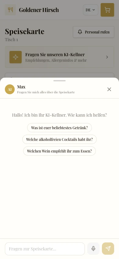 AI waiter chat inside the servioo ordering interface with suggested questions about the menu