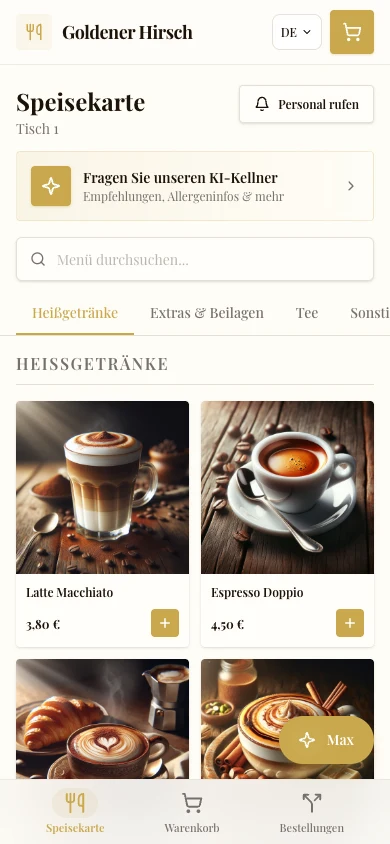 Digital menu in a smartphone browser: hot drinks with photos, prices, and a cart