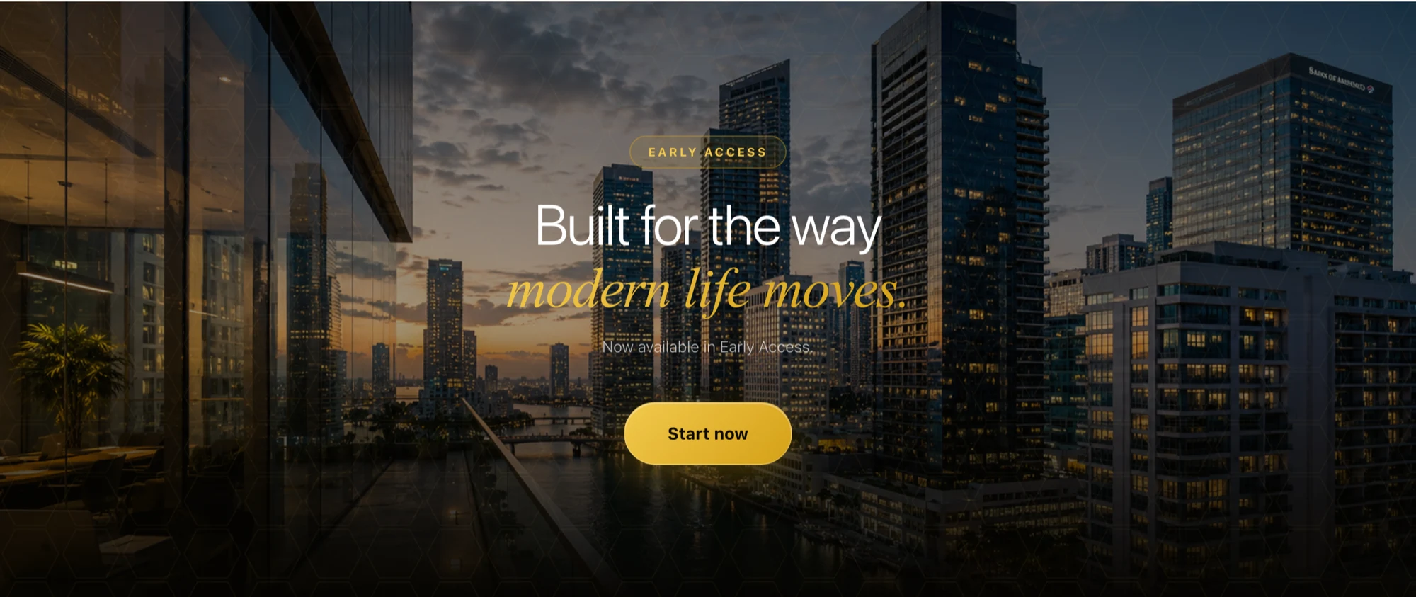 Markenwelt von Mr. Bee auf mrbee.ai: Skyline-Motiv mit dem Claim „Built for the way modern life moves“ und Early-Access-Badge