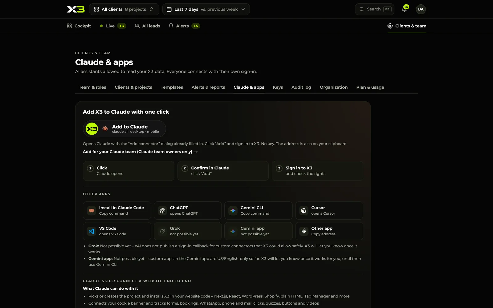 X3 dashboard, “Claude & Apps” page: an “Add to Claude” button, three connection steps, and more apps such as Claude Code, Cursor, and VS Code