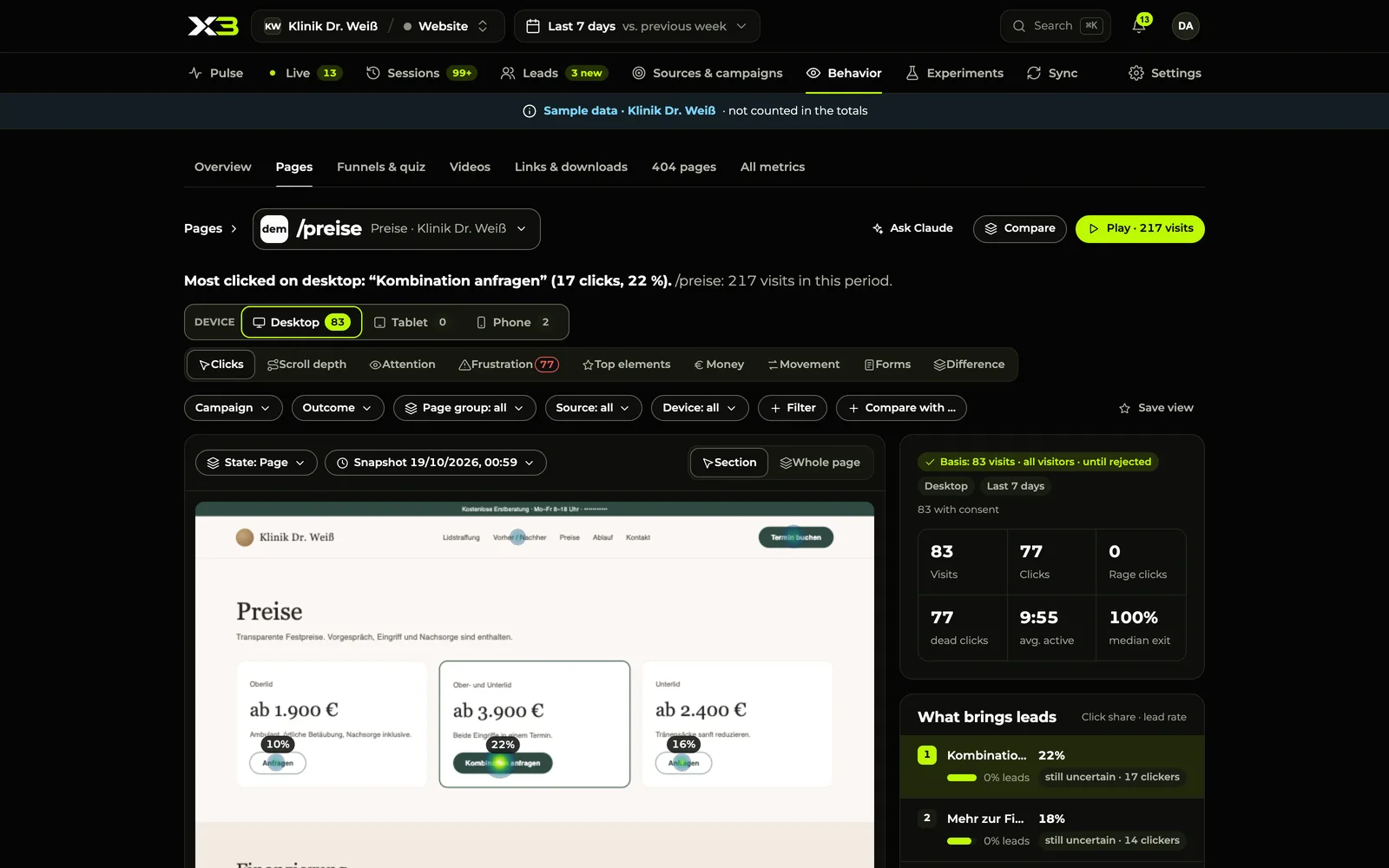 X3 click heatmap on a made-up pricing page: most clicks on the inquiry button, with click share and lead rate per element alongside
