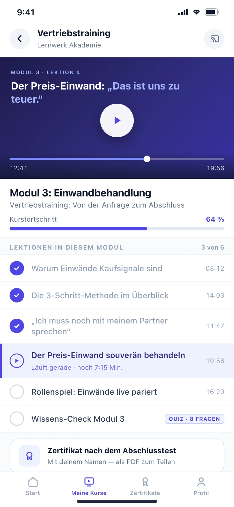 Learning platform as a mobile app: course view with lessons and progress
