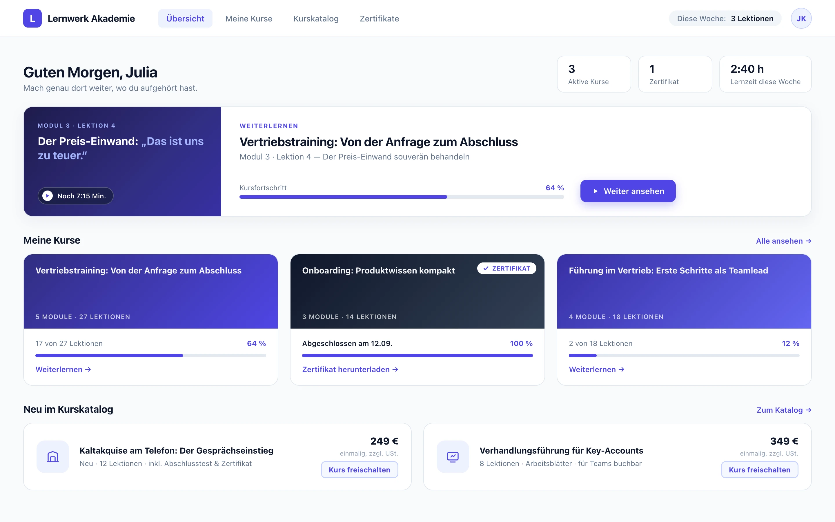 Learning platform course overview with progress, certificates, and course catalog