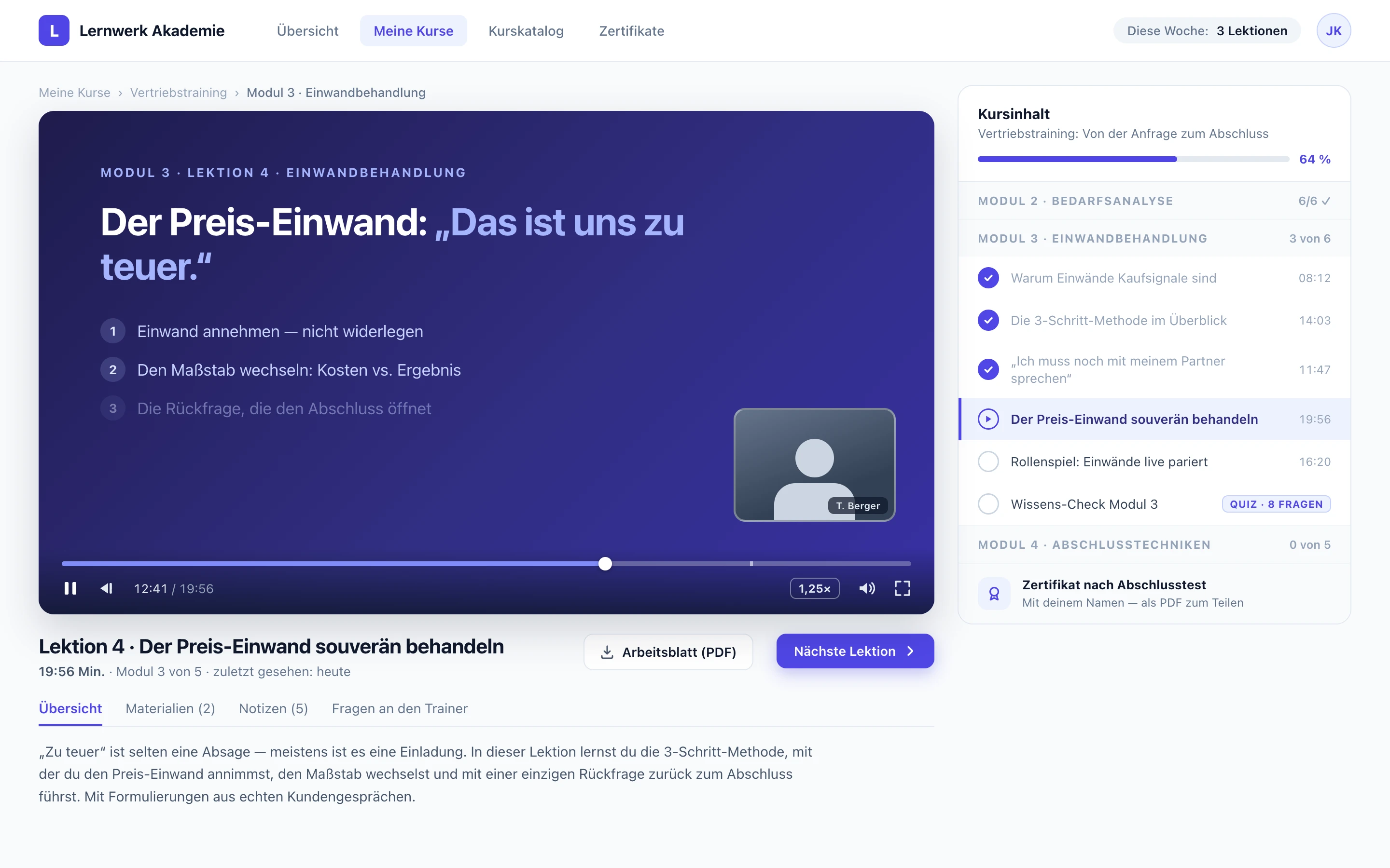 Learning platform course player with video, chapter list, and progress indicator