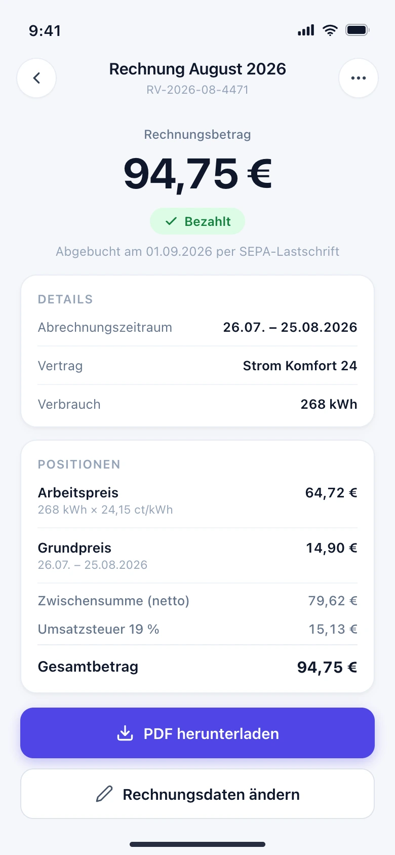 Invoice detail in a customer portal's mobile app